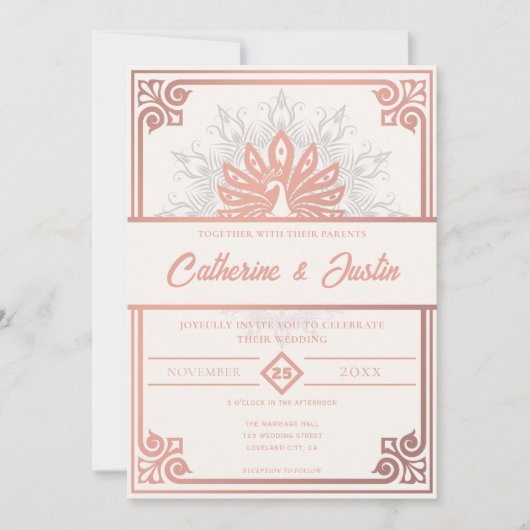 Moderne Art Deco Peacock Blush Roos Roze Bruiloft Kaart (Voorkant)