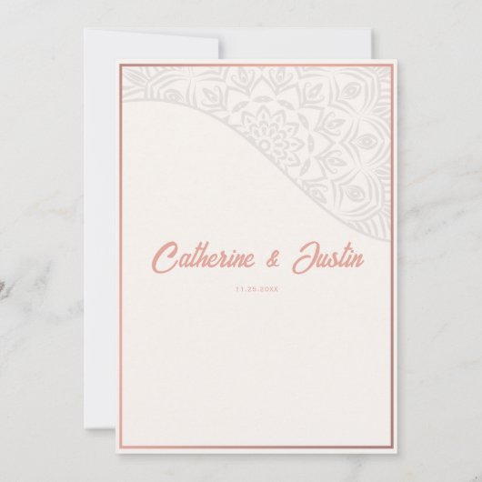 Moderne Art Deco Peacock Blush Roos Roze Bruiloft Kaart (Achterkant)