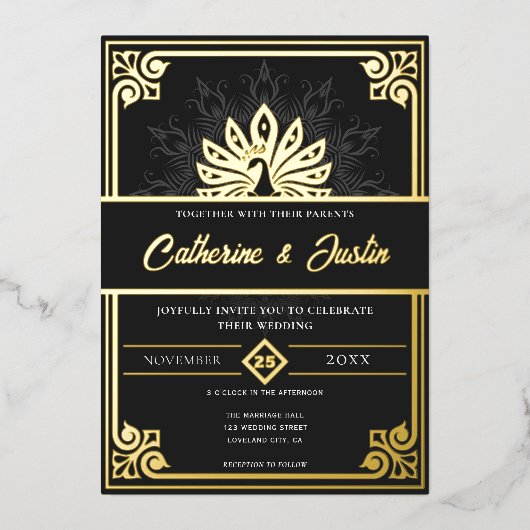 Moderne Art Deco Peacock Bruiloft Goud Folie Uitnodiging (Voorkant)