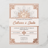 Moderne Art Deco Peacock Bruiloft Roos Goud Folie Uitnodiging (Voorkant)