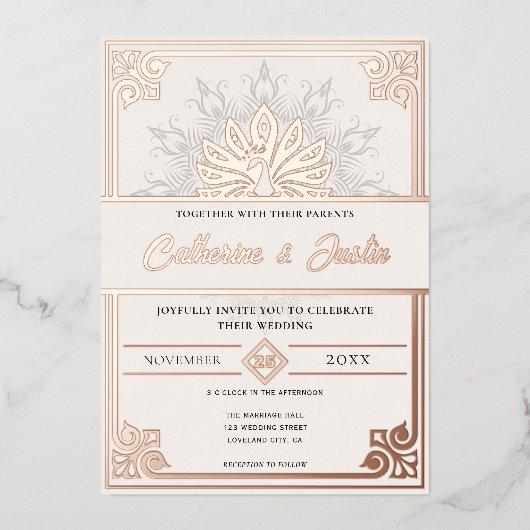 Moderne Art Deco Peacock Bruiloft Roos Goud Folie Uitnodiging (Voorkant)