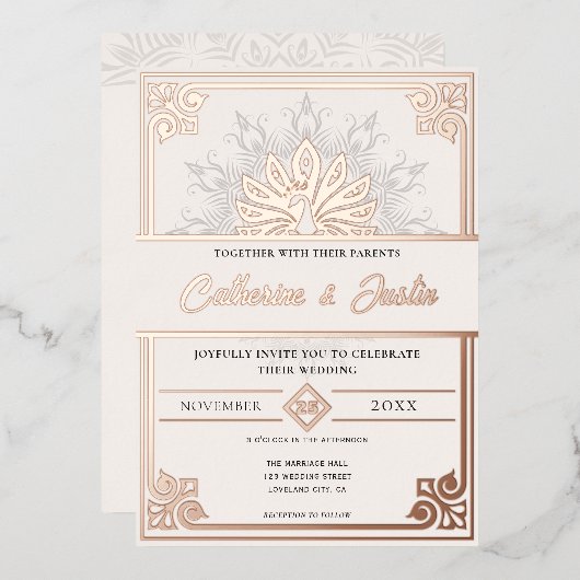 Moderne Art Deco Peacock Bruiloft Roos Goud Folie Uitnodiging (Voorkant / Achterkant)