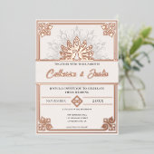 Moderne Art Deco Peacock Bruiloft Roos Goud Folie Uitnodiging (Staand Voorkant)