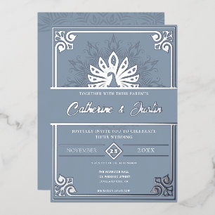 Moderne Art Deco Peacock Bruiloft Zilver Folie Uitnodiging