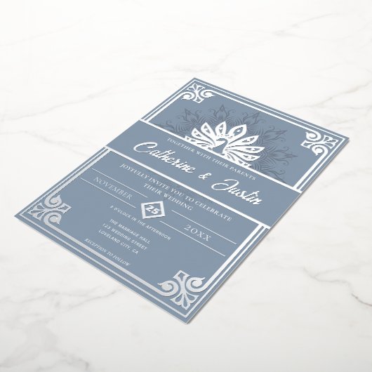 Moderne Art Deco Peacock Bruiloft Zilver Folie Uitnodiging (Gedraaid)