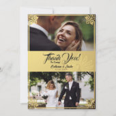 Moderne Art Deco Peacock Gold 2 foto bruiloft Bedankkaart (Voorkant)