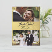 Moderne Art Deco Peacock Gold 2 foto bruiloft Bedankkaart (Staand voorkant)