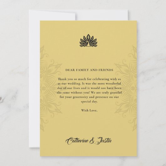 Moderne Art Deco Peacock Gold & Black Bruiloft Bedankkaart (Achterkant)