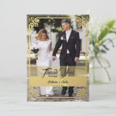 Moderne Art Deco Peacock Gold & Black Foto Bruilof Bedankkaart (Staand voorkant)