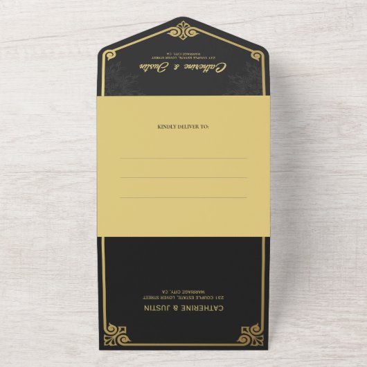 Moderne Art Deco Peacock Goud en Zwart Bruiloft All In One Uitnodiging (Buitenkant)