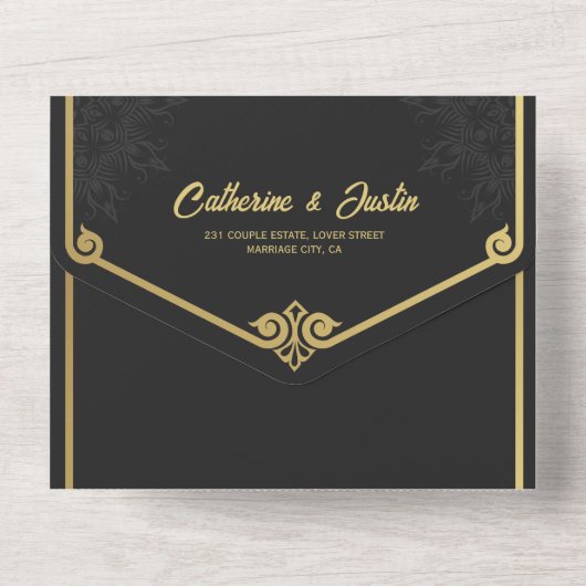 Moderne Art Deco Peacock Goud en Zwart Bruiloft All In One Uitnodiging (Achterkant)