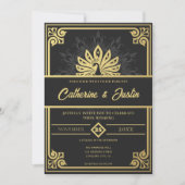 Moderne Art Deco Peacock Goud en Zwart Bruiloft Kaart (Voorkant)