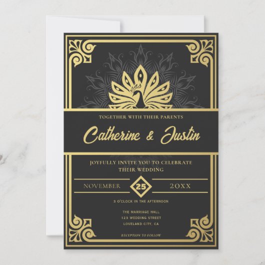 Moderne Art Deco Peacock Goud en Zwart Bruiloft Kaart (Voorkant)