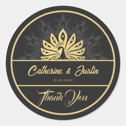 Moderne Art Deco Peacock Goud en Zwart Bruiloft Ronde Sticker (Voorkant)