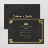 Moderne Art Deco Peacock Goud en Zwart Bruiloft RSVP Kaartje (Voorkant / Achterkant)