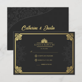 Moderne Art Deco Peacock Goud en Zwart Bruiloft RSVP Kaartje