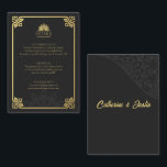 Moderne Art Deco Peacock Goud en Zwart Details Informatiekaartje<br><div class="desc">Geïnspireerd door het glamoureuze Art Deco-tijdperk. Deze uitnodiging is perfect voor koppels die op zoek zijn naar een klassieke en elegante bruiloft. Het middelpunt is een prachtige pauw, die schoonheid en overvloed symboliseert. De rijke gouden accenten, geplaatst tegen een verfijnde zwarte achtergrond, voegen een vleugje luxe en verfijning toe. Laat...</div>