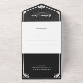 Moderne Art Deco Peacock Wit en Zwart Bruiloft All In One Uitnodiging (Buitenkant)