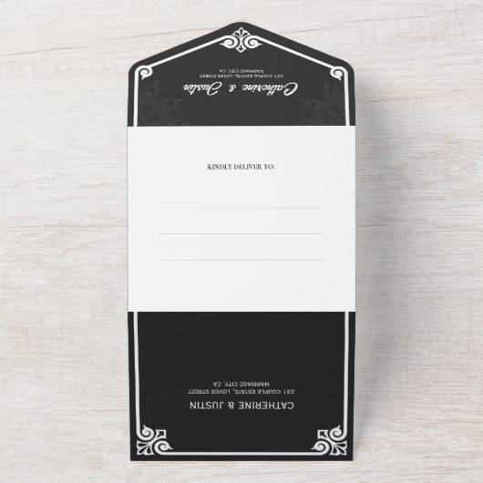 Moderne Art Deco Peacock Wit en Zwart Bruiloft All In One Uitnodiging (Buitenkant)