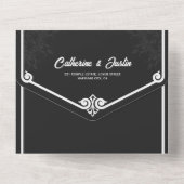 Moderne Art Deco Peacock Wit en Zwart Bruiloft All In One Uitnodiging (Achterkant)