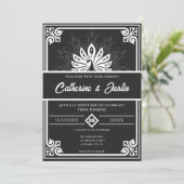 Moderne Art Deco Peacock Wit en Zwart Bruiloft Kaart (Staand voorkant)