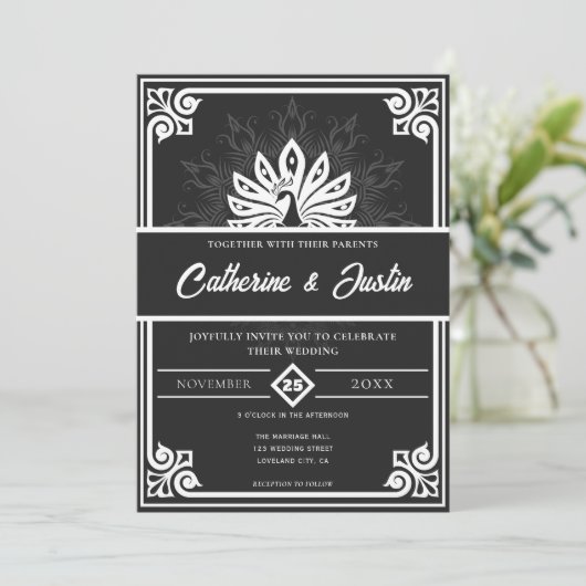 Moderne Art Deco Peacock Wit en Zwart Bruiloft Kaart (Staand voorkant)