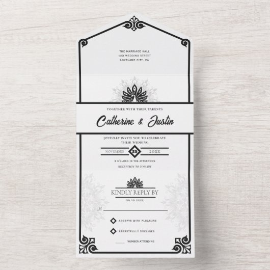 Moderne Art Deco Peacock Zwart-wit bruiloft All In One Uitnodiging (Binnen)