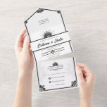 Moderne Art Deco Peacock Zwart-wit bruiloft All In One Uitnodiging<br><div class="desc">Geïnspireerd door het glamoureuze Art Deco-tijdperk. Deze uitnodiging is perfect voor koppels die op zoek zijn naar een klassieke en elegante bruiloft. Het middelpunt is een prachtige pauw, die schoonheid en overvloed symboliseert. Tegen een strakke en tijdloze witte achtergrond geeft de opvallende zwarte accenten creëer een verfijnde uitstraling. Laat deze...</div>