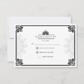 Moderne Art Deco Peacock Zwart-wit bruiloft RSVP Kaartje (Voorkant)