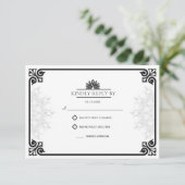 Moderne Art Deco Peacock Zwart-wit bruiloft RSVP Kaartje (Staand voorkant)