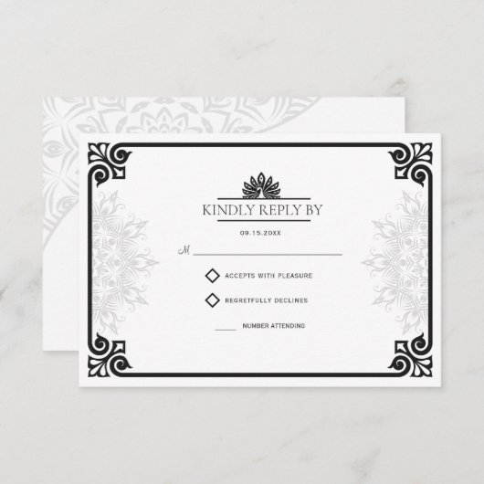 Moderne Art Deco Peacock Zwart-wit bruiloft RSVP Kaartje (Voorkant / Achterkant)