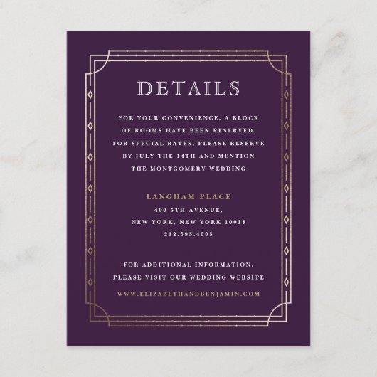 Moderne Art Deco Plum Gold Foil Wedding Details Informatiekaartje (Voorkant)