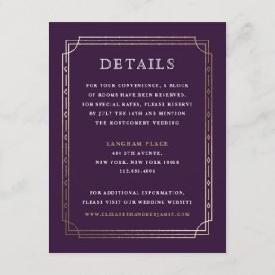 Moderne Art Deco Plum Gold Foil Wedding Details Informatiekaartje