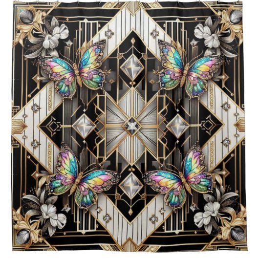 Moderne Art Deco Regenboog Vlinder Douchegordijn (Voorkant)
