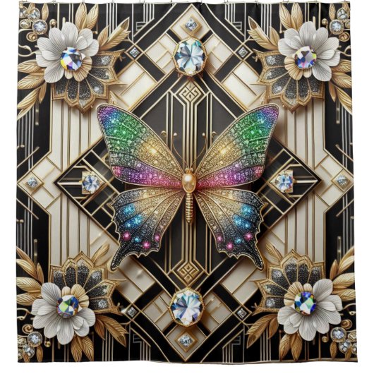 Moderne Art Deco Regenboog Vlinder Douchegordijn (Voorkant)