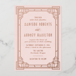 Moderne Art Deco Trouw Blush en Roségoud Folie Uitnodiging