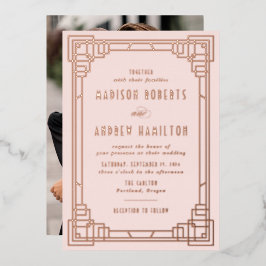 Moderne Art Deco Trouw Blush en Roségoud Folie Uitnodiging