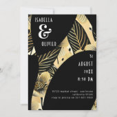 Moderne Art Deco Trouwen Zwart Wit Gouden Bloemen Kaart (Voorkant)