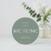 Moderne Art Deco Typografie Ronde Cirkel Sage Save The Date (Staand voorkant)