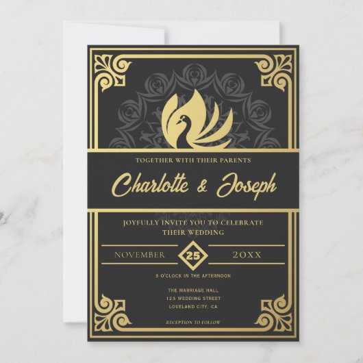 Moderne Art Deco Zwaan Goud en Zwart Bruiloft Kaart (Voorkant)