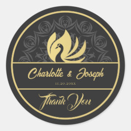 Moderne Art Deco Zwaan Goud en Zwart Bruiloft Ronde Sticker