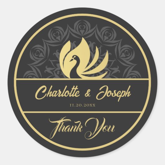 Moderne Art Deco Zwaan Goud en Zwart Bruiloft Ronde Sticker (Voorkant)