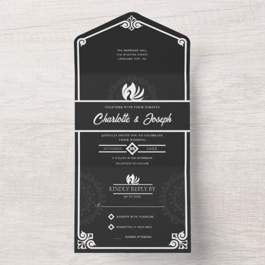 Moderne Art Deco Zwaan Wit en Zwart Bruiloft All In One Uitnodiging (Binnen)