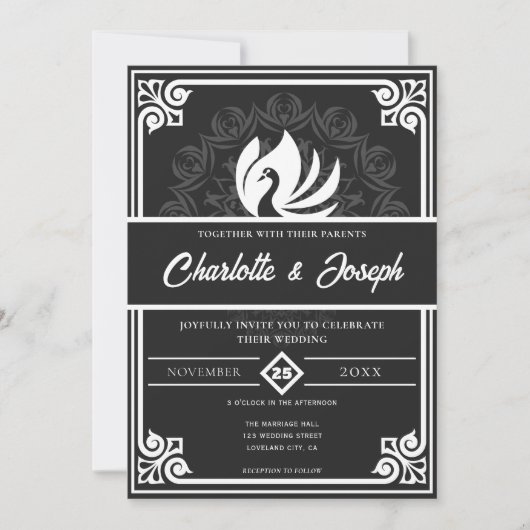 Moderne Art Deco Zwaan Wit en Zwart Bruiloft Kaart (Voorkant)