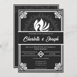 Moderne Art Deco Zwaan Wit en Zwart Bruiloft Kaart