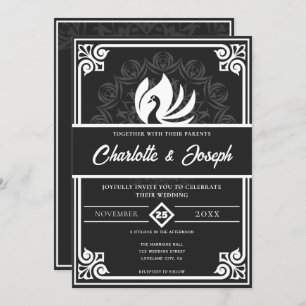 Moderne Art Deco Zwaan Wit en Zwart Bruiloft Kaart