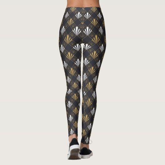 Moderne Art Deco Zwart, Wit en Goud Fan Leggings (Achterkant)