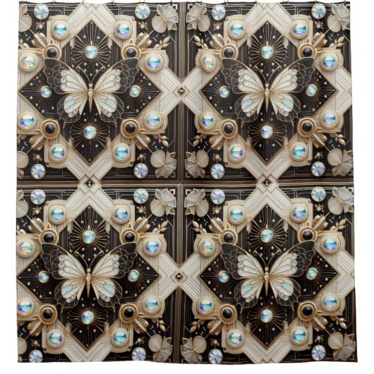 Moderne Art Deco Zwart Wit Goud Vlinder Douchegordijn (Voorkant)
