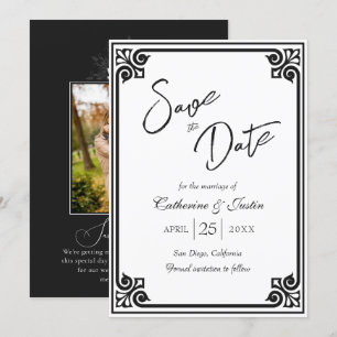 Moderne Art Deco Zwart Wit Pauw Foto Huwelijk Save The Date