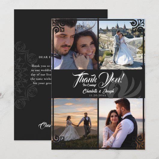 Moderne Art Deco Zwart Zwaan 4 Foto Bruiloft Bedankkaart (Voorkant / Achterkant)